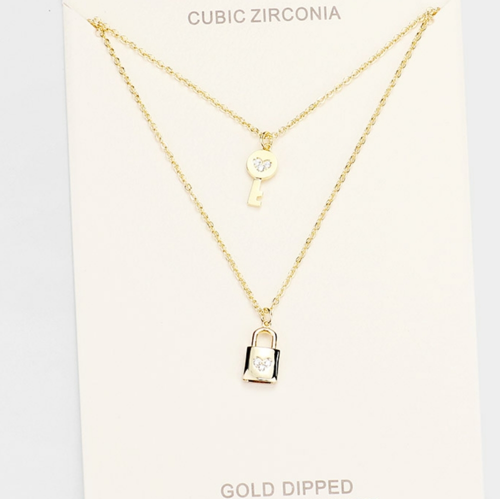 Gold Dipped Lock Key Shaped Pendant Necklace Chain Trendy CZ Statement Jewelry